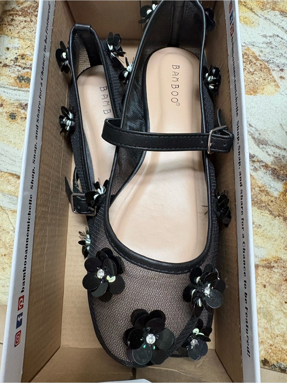 BAMBOO Black Floral Mary Jane Flats with Rhinestone Accents